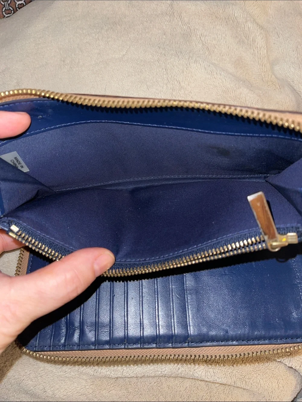 Tory Burch Camel/Tan Leather Zip Wallet with Gold Logo